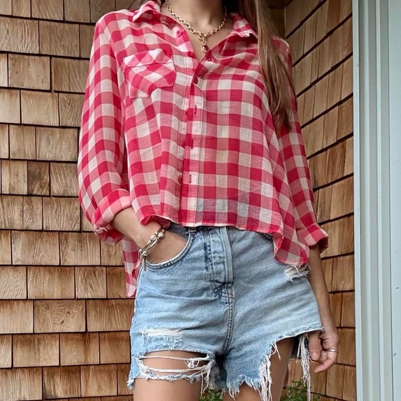 Red and white gingham button-down blouse from Free People - Picture 4 of 8